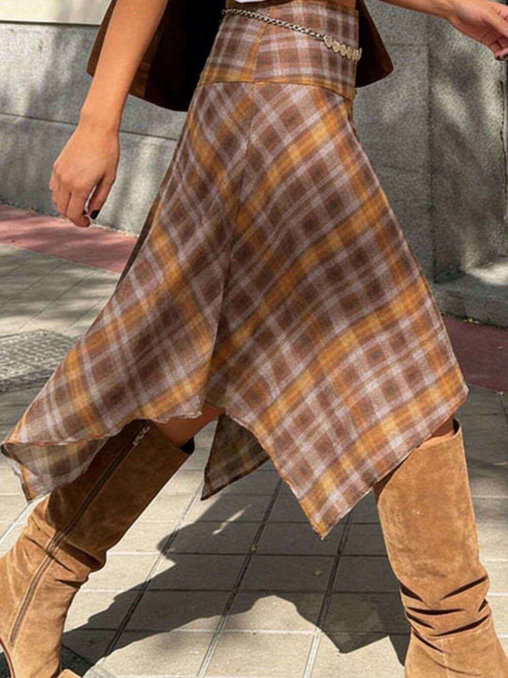 Multicolor Casual Women's Plaid Asymmetrical Midi Skirt